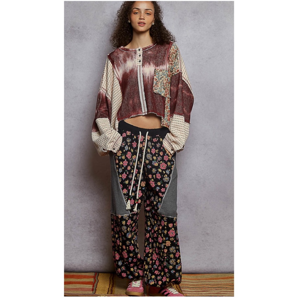 POL Patchwork Long Sleeve Tee in Burgundy, Cream, Teal - Picture 3 of 6